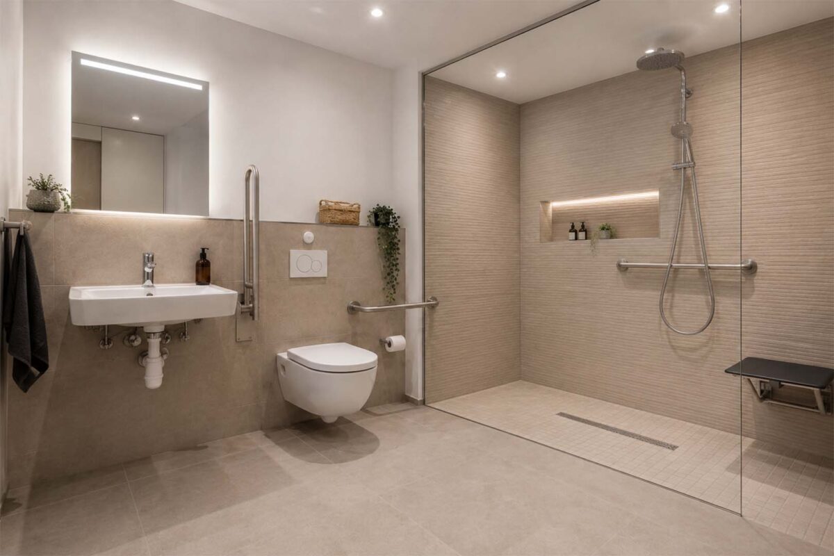 Barrierefreies modernes Badezimmer mit bodengleicher Dusche, Glaswand und altersgerechter Ausstattung für komfortables und sicheres Wohnen.