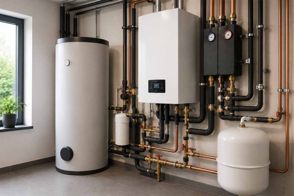 Moderne Heizungsanlage mit Warmwasserspeicher, Rohrsystem und energieeffizienter Haustechnik im Heizraum.