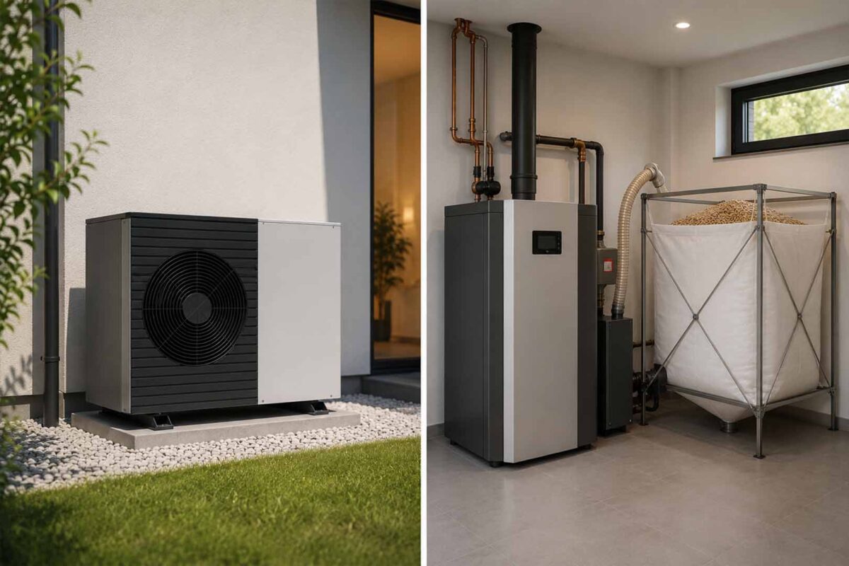Moderne Wärmepumpe und Pelletheizung mit Pelletlager im Vergleich – energieeffiziente Heizsysteme für nachhaltiges Heizen.